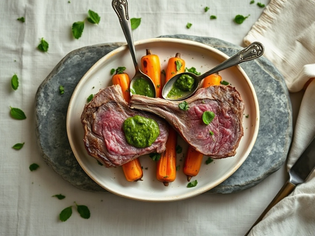 Cumin Lamb Chops with Roast Carrots and Mint Sauce
