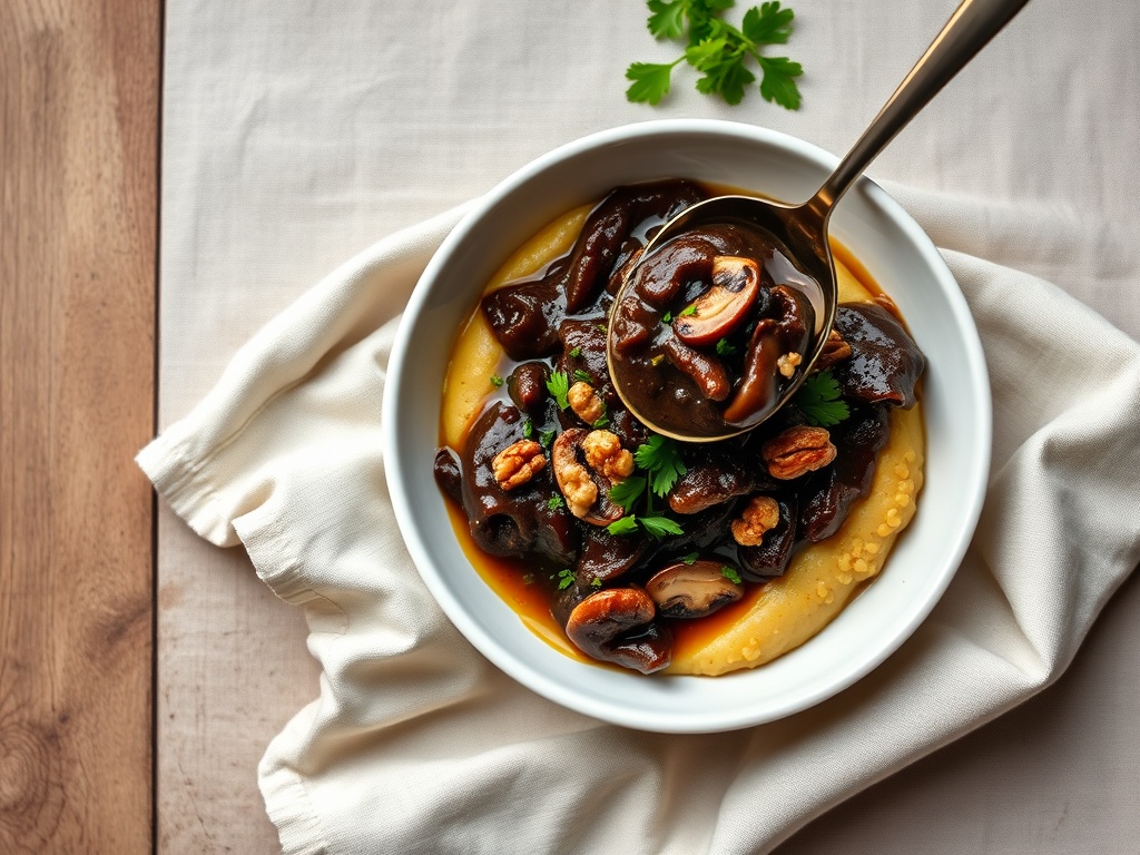 Mushroom-Walnut Ragù over Soft Polenta